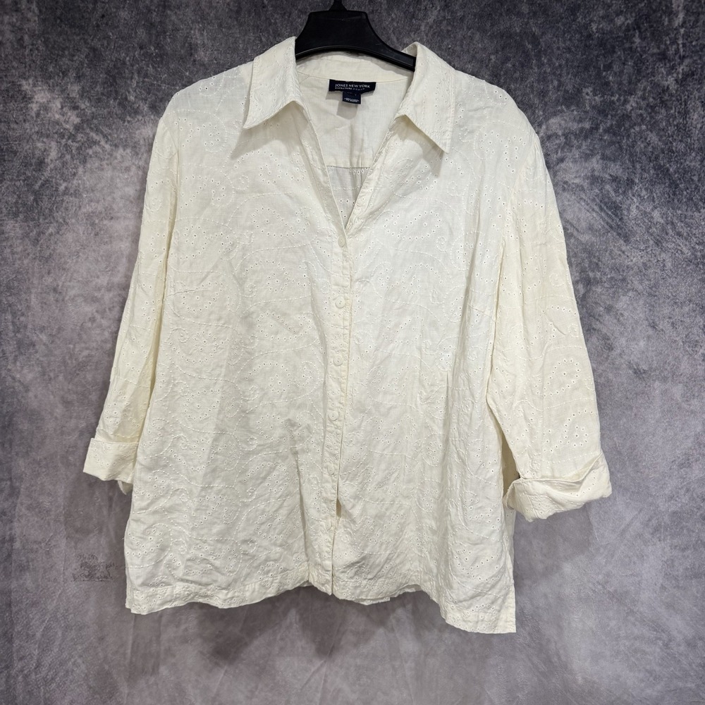 jones new york signature top Linen Eyelet Blouse Ivory 3XL Collar 3/4 Sleeve